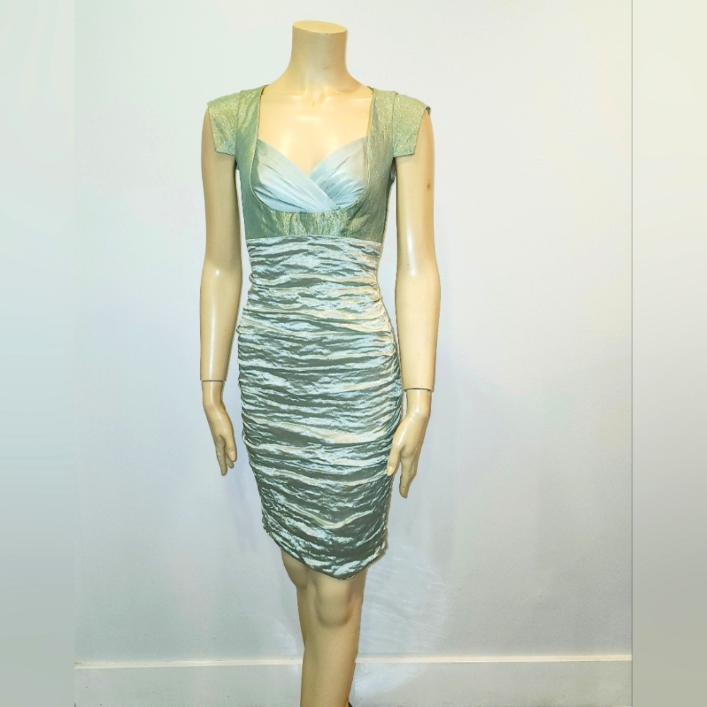 Nicole Miller Satin light blue shiny dress with gold accents size 0 NWT - Picture 3 of 11